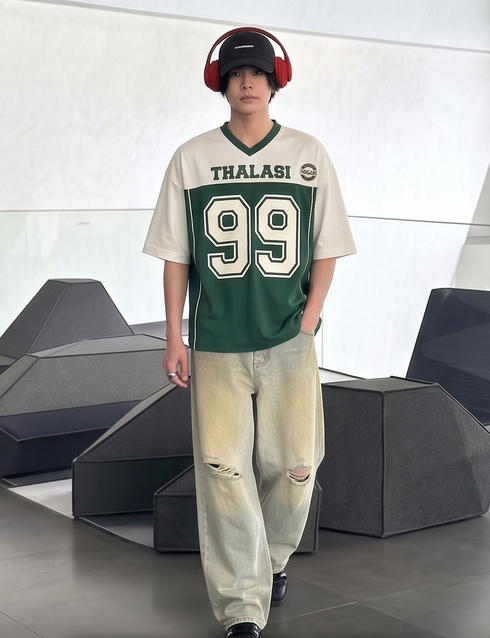 THALASI Men's Oversized V-Neck Graphic T-Shirt | Black & White Streetwear
