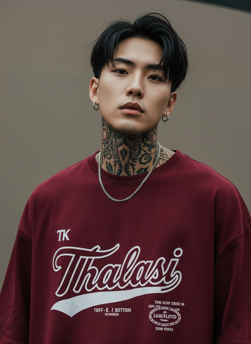 THALASI Men Cotton TK THALASI Maron Printed Aesthetic Oversized Tshirt for Men