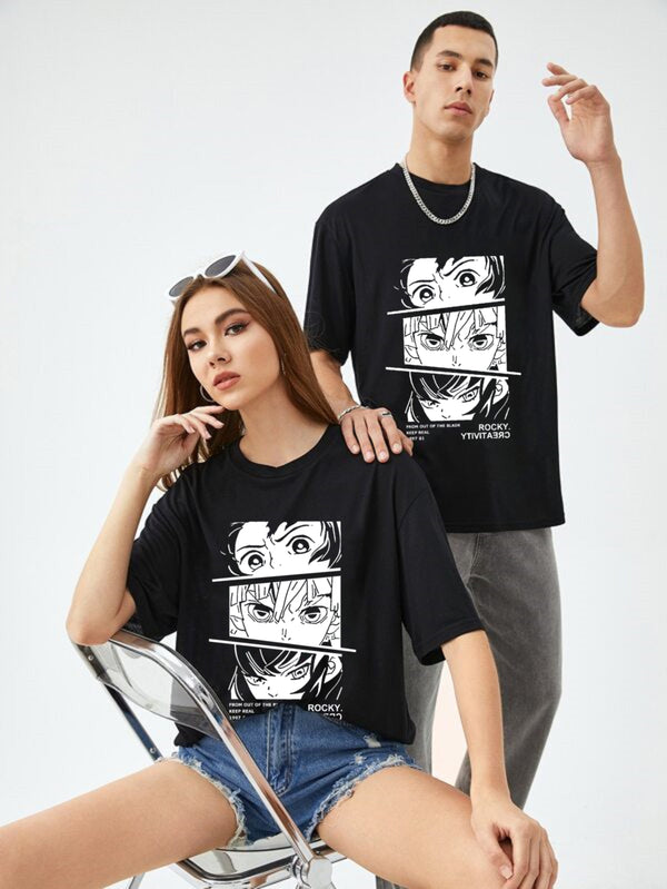 Anime Black Printed Couple T-shirt