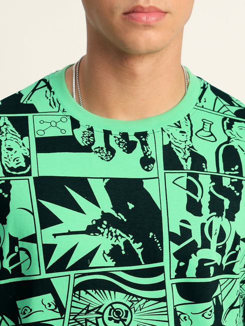 THALASI Comic All Over Printed Green Anime Oversized T shirts for Men