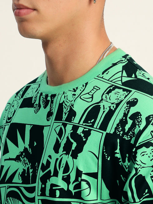 THALASI Comic All Over Printed Green Anime Oversized T shirts for Men