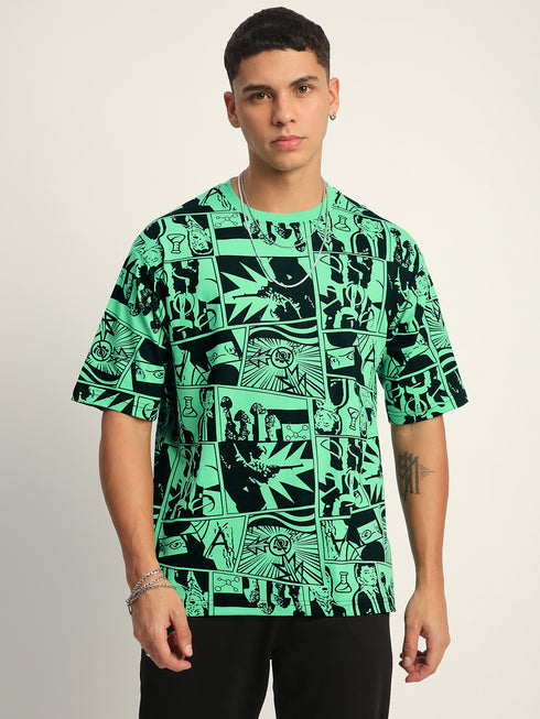 THALASI Comic All Over Printed Green Anime Oversized T shirts for Men