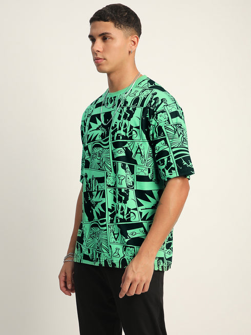 THALASI Comic All Over Printed Green Anime Oversized T shirts for Men