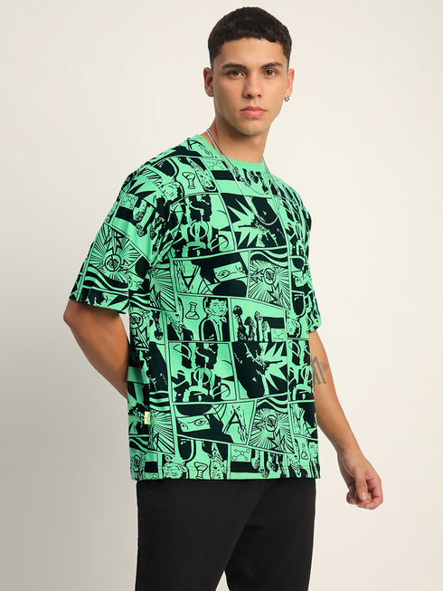 THALASI Comic All Over Printed Green Anime Oversized T shirts for Men