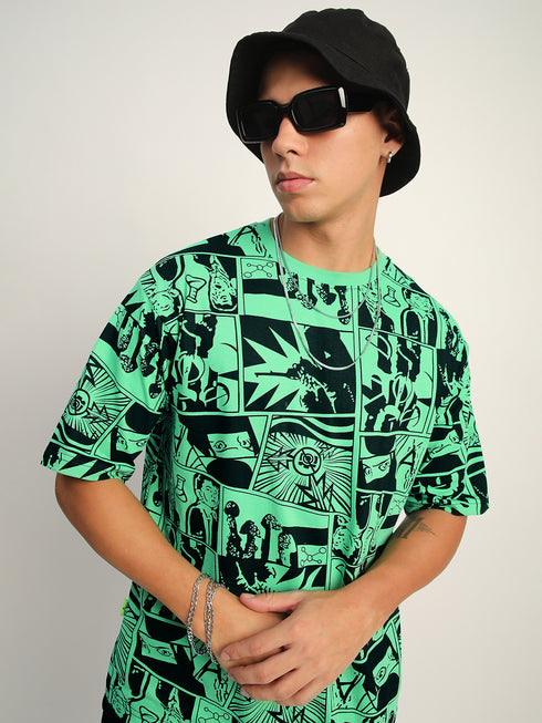 THALASI Comic All Over Printed Green Anime Oversized T shirts for Men