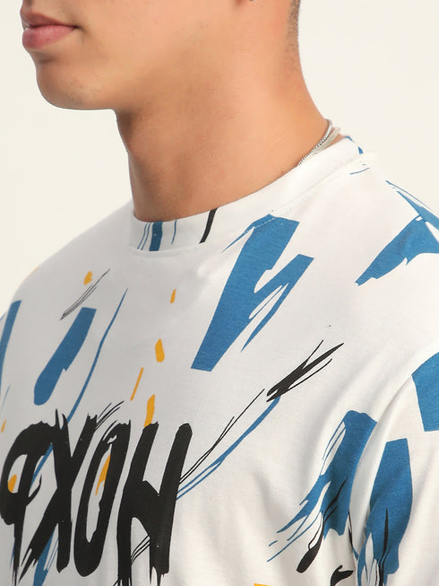 Abstract Print : Oversized Baggy All Over Printed White, Blue Tshirts for Men & Boys