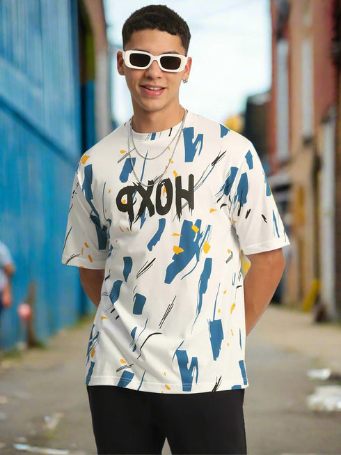 Abstract Print : Oversized Baggy All Over Printed White, Blue Tshirts for Men & Boys