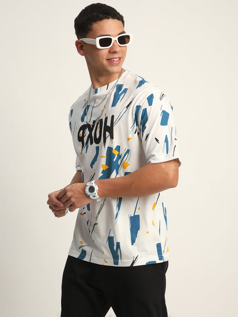 Abstract Print : Oversized Baggy All Over Printed White, Blue Tshirts for Men & Boys