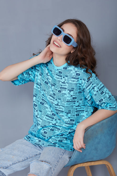 Korean Print : Light Blue Oversized Tshirts for Womens