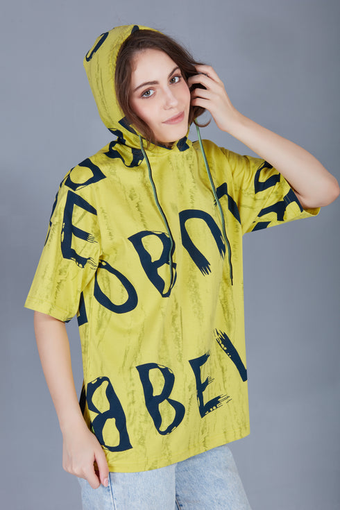 Yellow All Over Printed Hood Oversized Fit T Shirt for Women