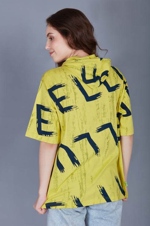 Yellow All Over Printed Hood Oversized Fit T Shirt for Women