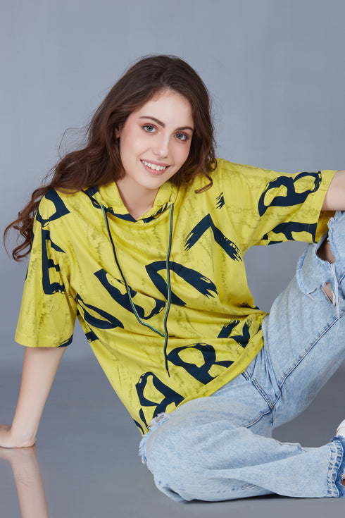 Yellow All Over Printed Hood Oversized Fit T Shirt for Women