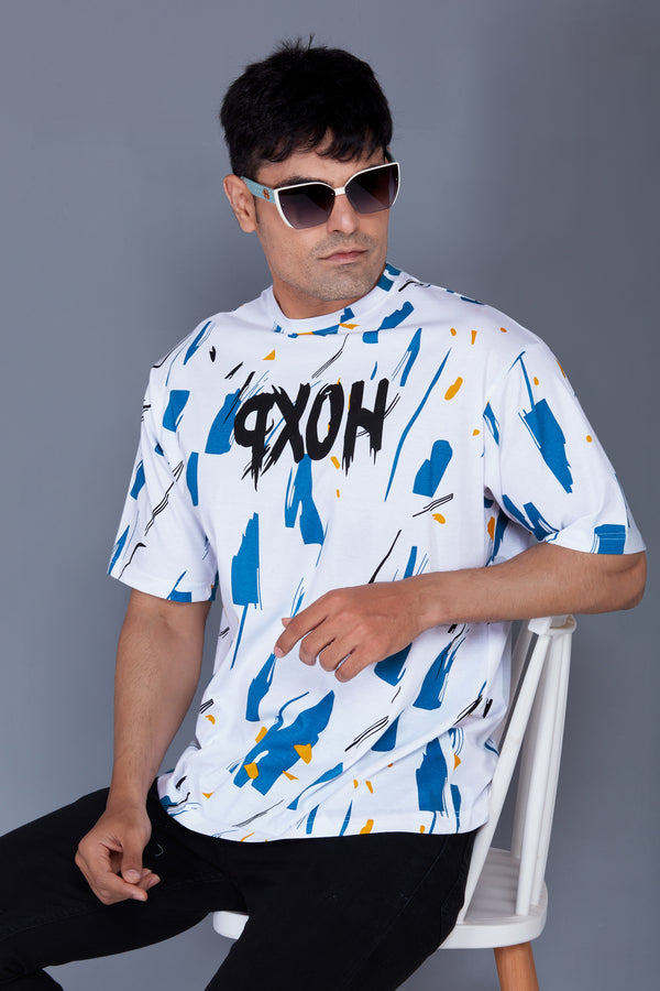 Abstract Print : Oversized Baggy All Over Printed White, Blue Tshirts for Men & Boys