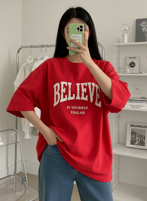 Women Believe Red  Aesthetic Oversized T shirts for Women