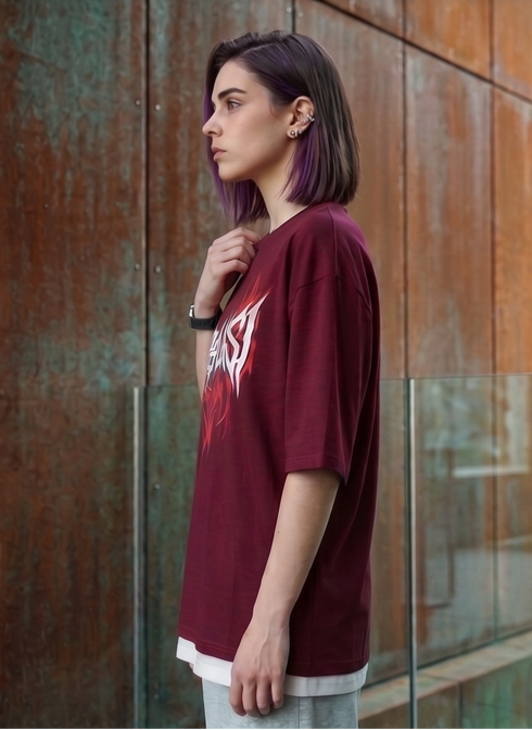 Oversized Gotihc Maroon Drop Shoulder Stylish T shirts For Women Girls