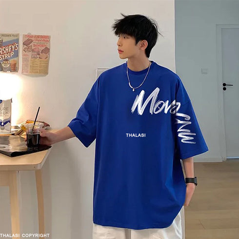 Korean Style Blue Anime Oversized T Shirts for Men