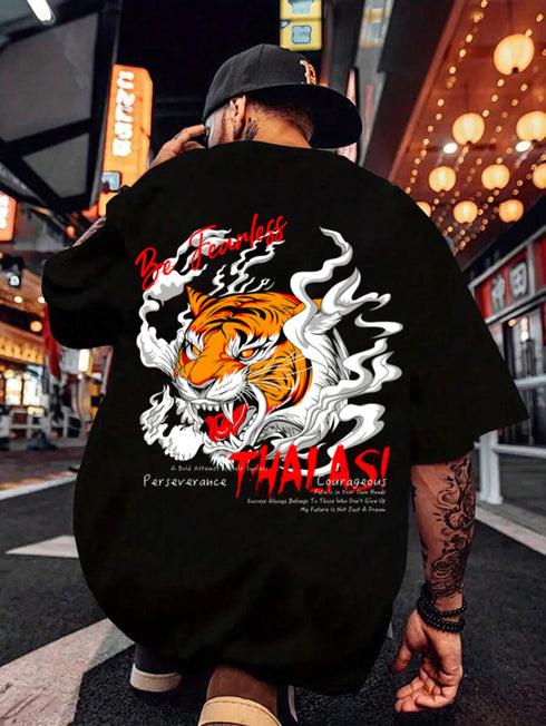 Tiger Back Printed Black Oversized T shirts for Men