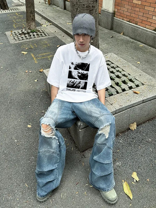 Men White Anime Oversized Baggy Fit T-Shirt