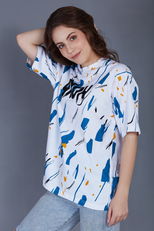 Oversized White Blue Drop Shoulder Stylish T shirts For Women Girls