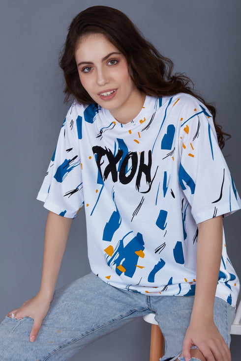 Oversized White Blue Drop Shoulder Stylish T shirts For Women Girls