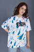 Oversized White Blue Drop Shoulder Stylish T shirts For Women Girls