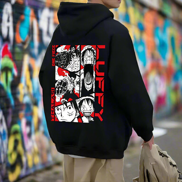 Black Hoodies : Luffy Back Printed Anime Hoodies for Men