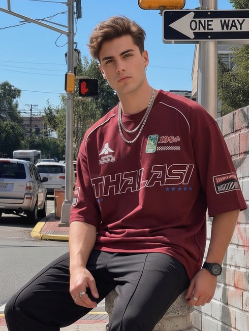 THALASI Men Cotton PIPING Printed Aesthetic Oversized Tshirt for Men
